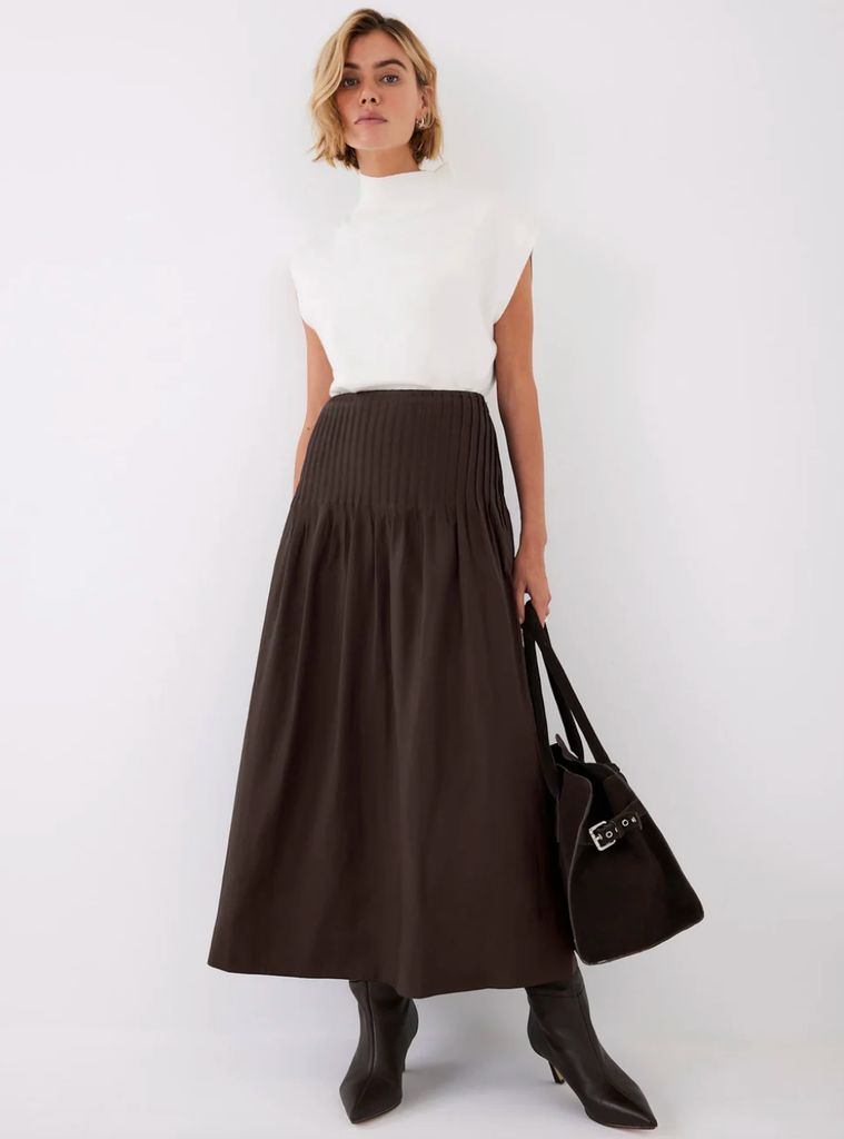 Mint Velvet Brown Pintuck Maxi Skirt
