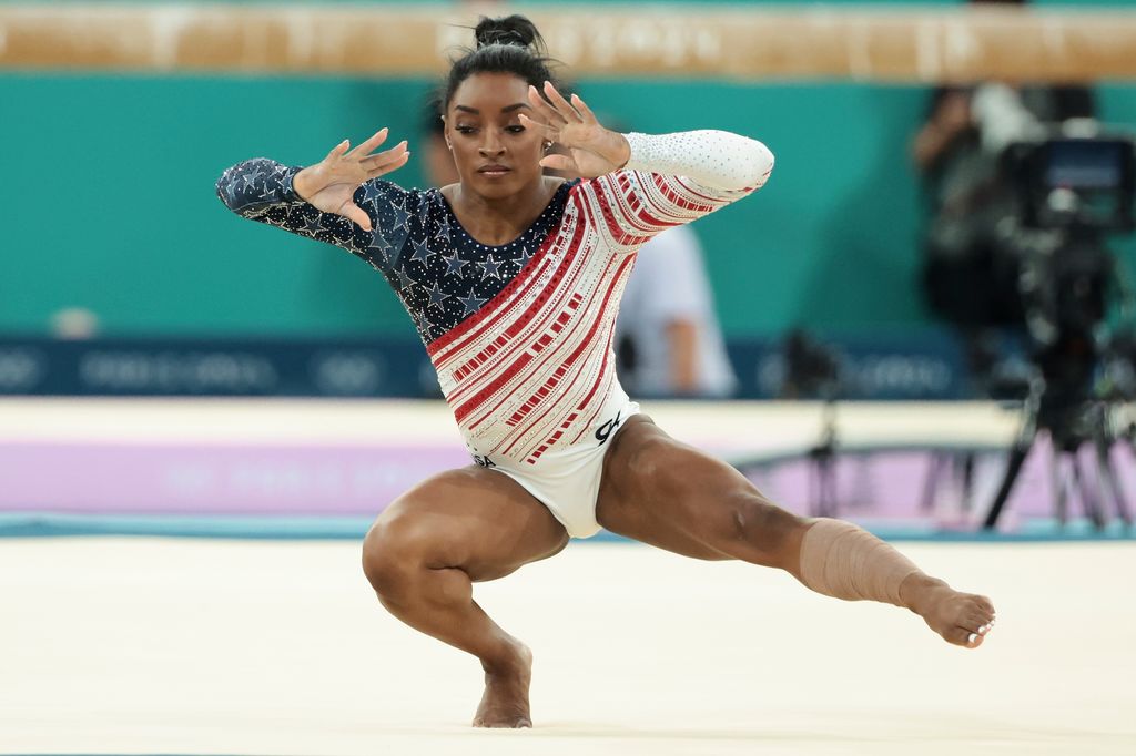 Simone Biles of Team United States competes on the Floor during the Artistic Gymnastics Women's Team Final 