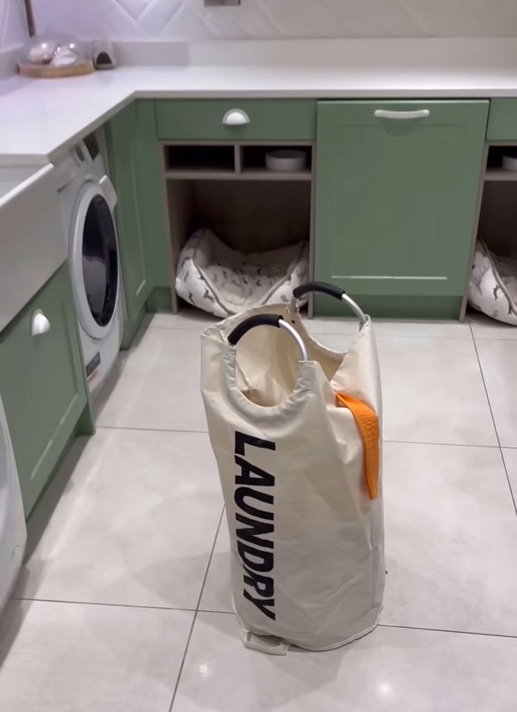 Stacey Solomon's laundry basket in her kitchen