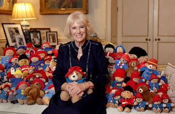 Camilla with Paddington bear stuffed animals