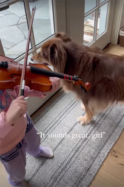 Young girl playing violin next to a dog