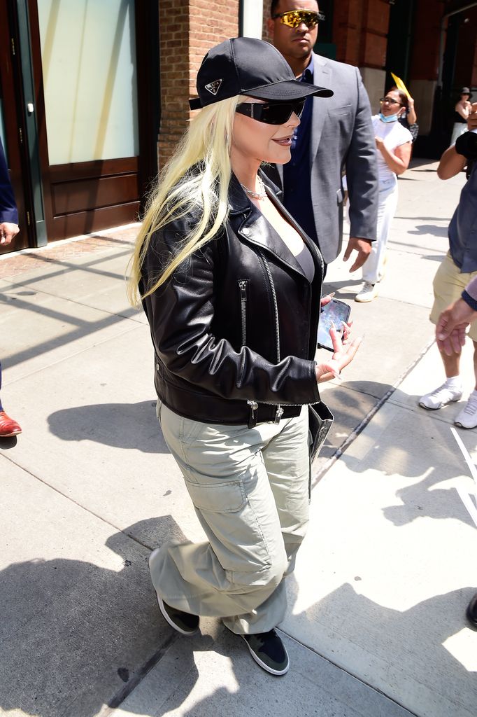 Christina Aguilera is seen walking in soho in a leather jacket