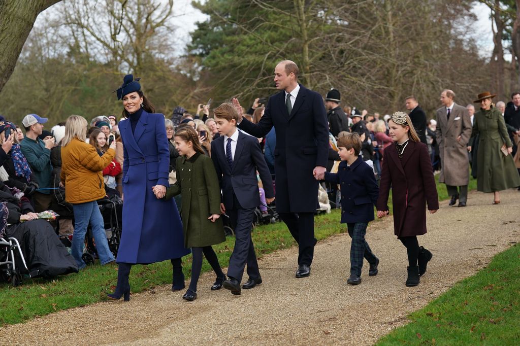 the Princess of Wales, Princess Charlotte, Prince George, the Prince of Wales, Prince Louis and Mia Tindall attending the Christmas Day morning church service at St Mary Magdalene Church in Sandringham, Norfolk.