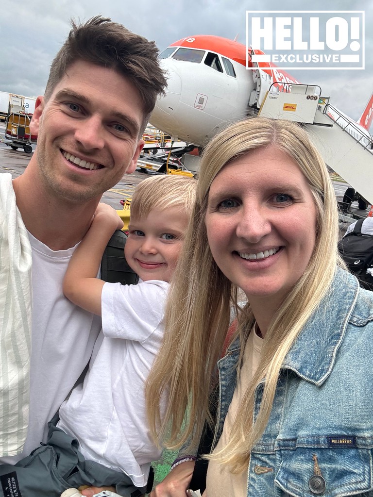 Rebecca Adlington with her husband Andy and their son Albie standing in front of plane boarding to Paris