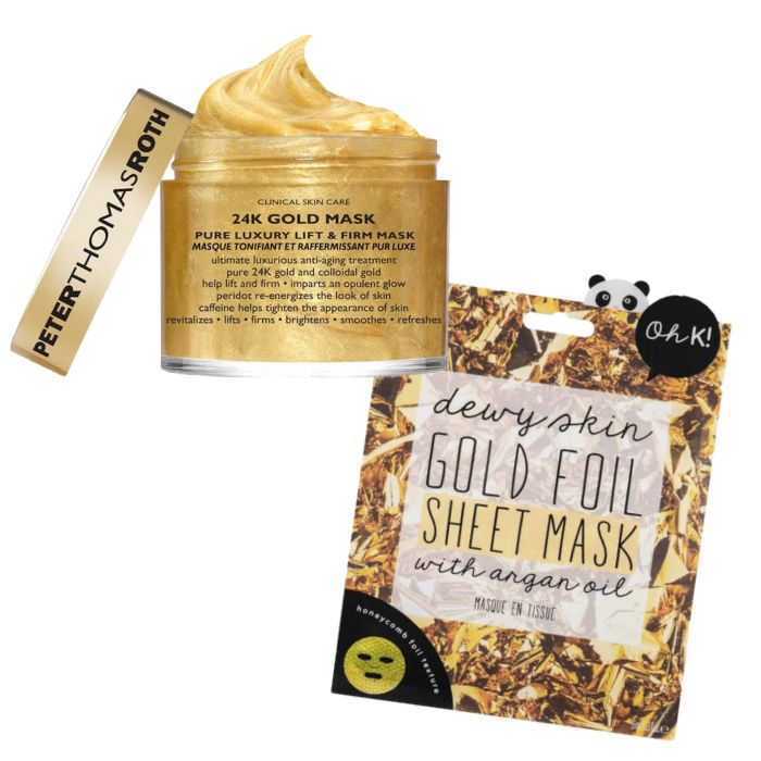 Gold skincare is trending - you can find both luxury and low-priced options. Above, Peter Thomas Roth's gold mask and a budget-friendly gold foil sheet mask found on Amazon