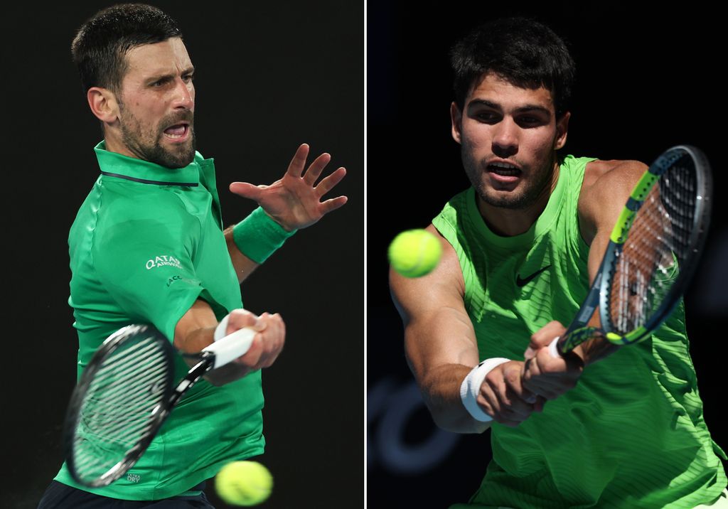 Dans cette image composite, une comparaison a été faite entre Novak Djokovic de Serbie (à gauche) et Carlos Alcaraz d'Espagne. Ils se rencontreront lors de la finale masculine de l'Open d'Australie le 1er février 2026 au Melbourne Park à Melbourne, en Australie.***IMAGE DE GAUCHE*** MELBOURNE, AUSTRALIE - 30 JANVIER : Novak Djokovic de Serbie joue un coup droit lors de la demi-finale du simple masculin contre Jannik Sinner d'Italie lors de la 13e journée de l'Open d'Australie 2026 à Melbourne Park le 30 janvier 2026 à Melbourne, en Australie. ***IMAGE DE GAUCHE*** MELBOURNE, AUSTRALIE - 23 JANVIER : Carlos Alcaraz, d'Espagne, joue un revers contre Corentin Moutet, de France, lors du troisième tour du simple masculin au cours du sixième jour de l'Open d'Australie 2026 à Melbourne Park, le 23 janvier 2026 à Melbourne, en Australie.