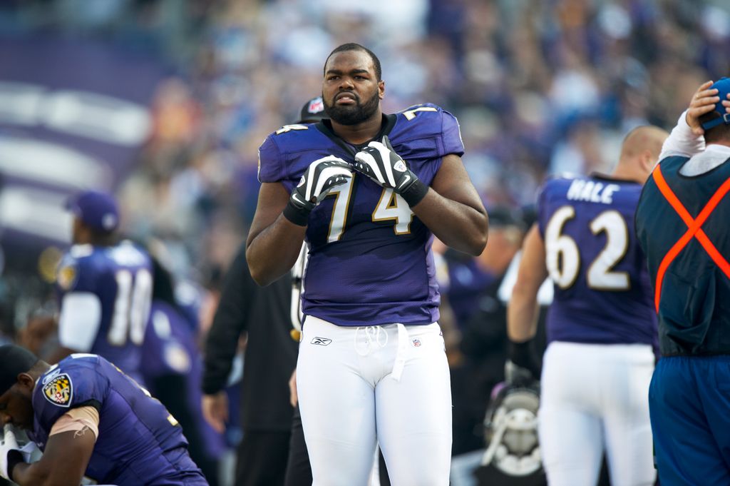 Closeup of Baltimore Ravens Michael Oher during game vs Indianapolis Colts. 