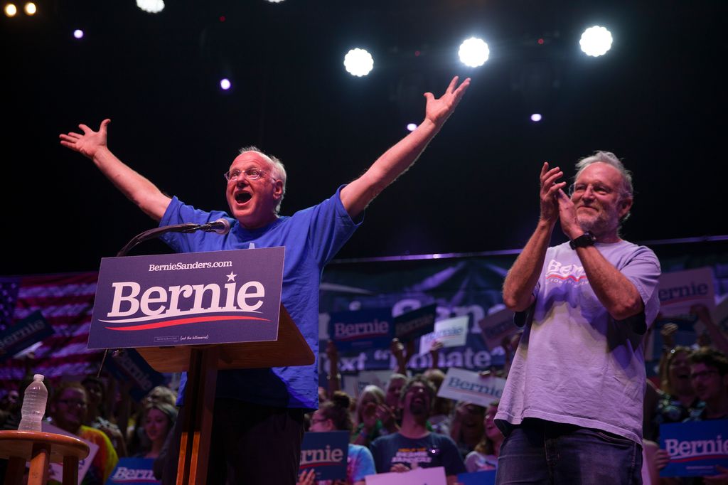 Ben Cohen and Jerry Greenfield of Ben and Jerry's Ice Cream speak before Bernie Sanders at the rally at the State Theater in Portland on Sunday, September 1, 2019