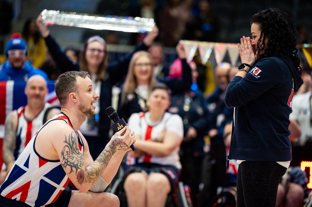 Army veteran James Cairns proposes to his partner Hannah Wild following the Royal British Legion Team UK's match against Columbia in the wheelchair basketball during the 2025 Invictus Games in Vancouver, Canada. The games takes place across Vancouver and Whistler. Picture date: Saturday February 9, 2025