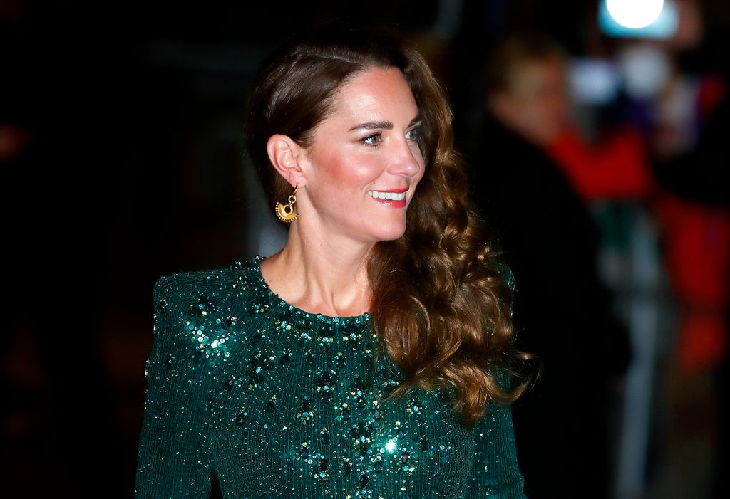 Catherine, Duchess of Cambridge attends the Royal Variety Performance in 2021, wearing a green sparkly dress