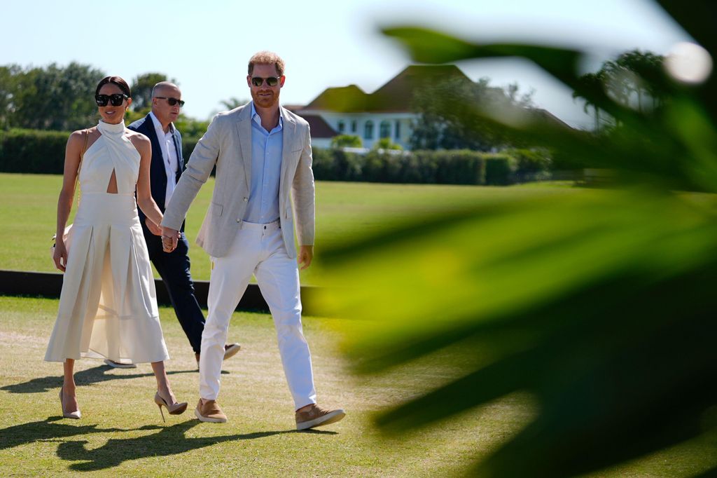 Prince Harry and wife Meghan Markle arrive for the 2024 Royal Salute Polo Challenge to Benefit Sentebale