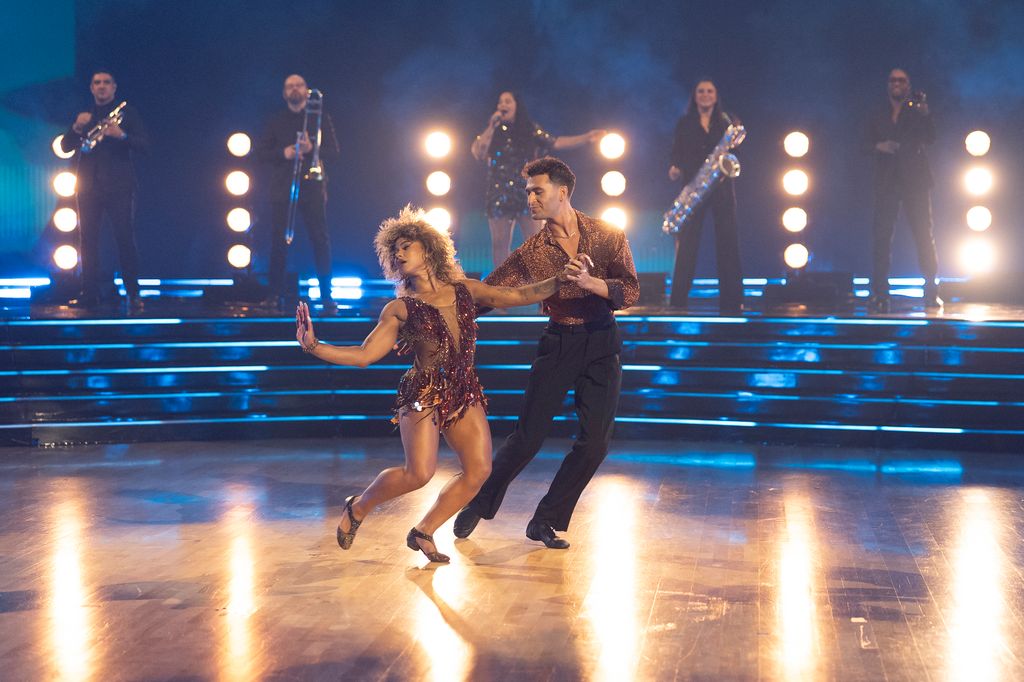 Jordan Chiles and Ezra Sosa perform during Rock & Roll Hall of Fame Night on Dancing with the Stars