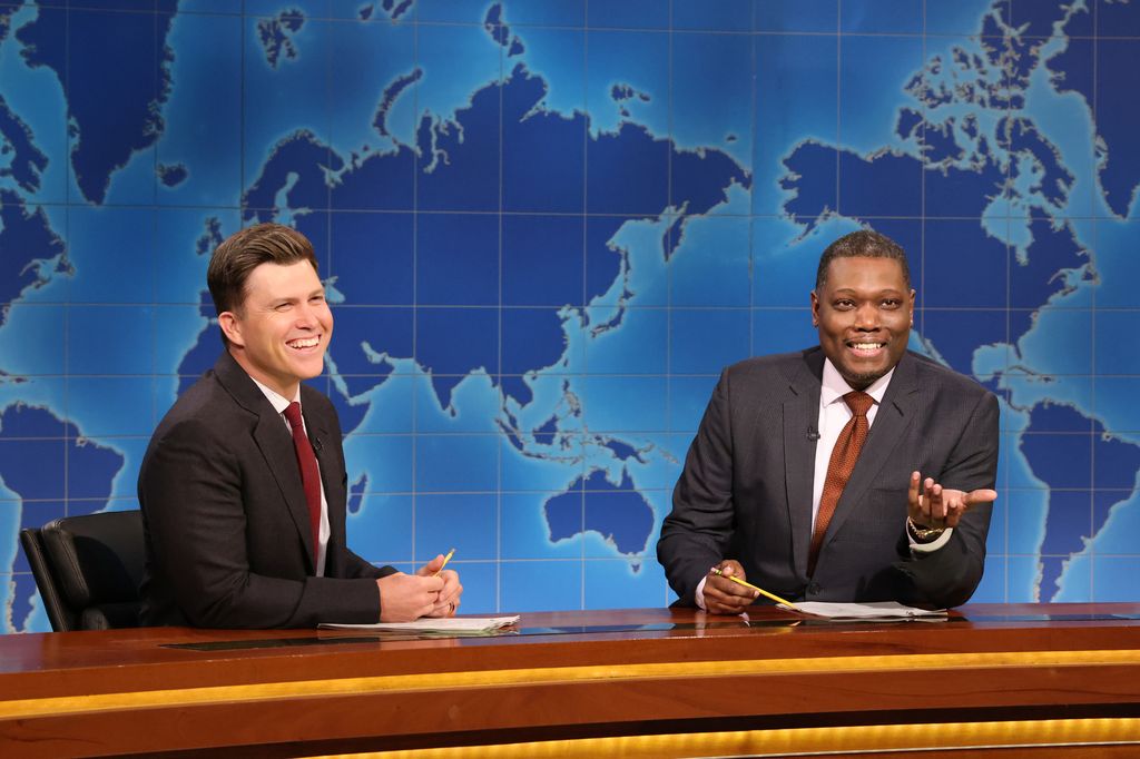 Colin Jost and anchor Michael Che during Weekend Update on Saturday, May 17, 2025
