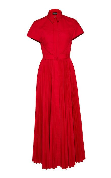 large_brandon maxwell red pleated button up shirt dress