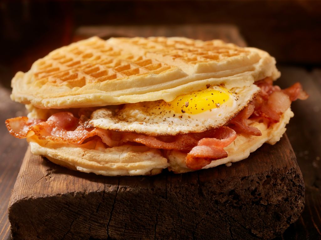 Bacon, eggs, and waffles