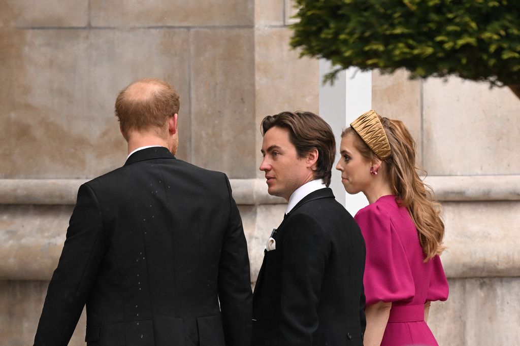 Prince Harry arrives alongside Princess Beatrice and Edoardo Mapelli Mozzi