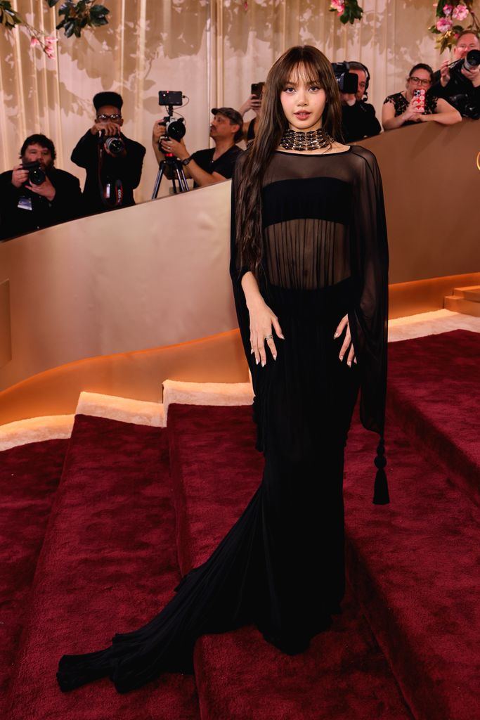 Lisa wearing a sheer black dress with long sleeves with fringed edges