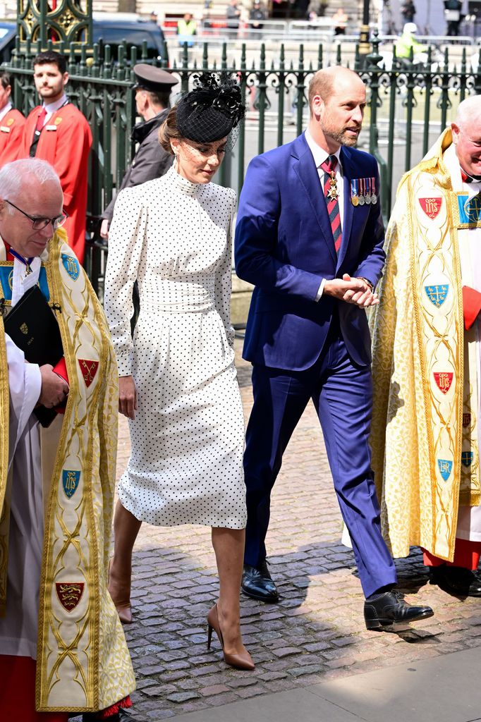 Catherine Princess of Wales and Prince William arrive at Westminster Abbey for the 80th Anniversary of VE Day Service of Thanksgiving