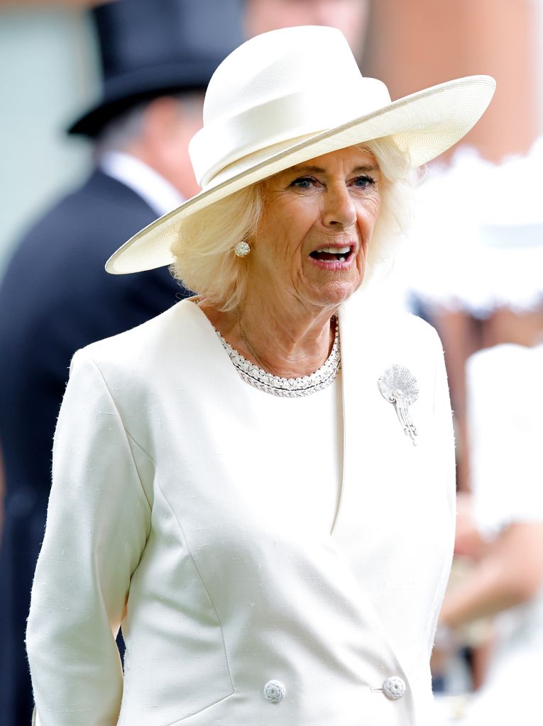 Queen Consort Camilla wearing the late Queen Mother's brooch at Royal Ascot