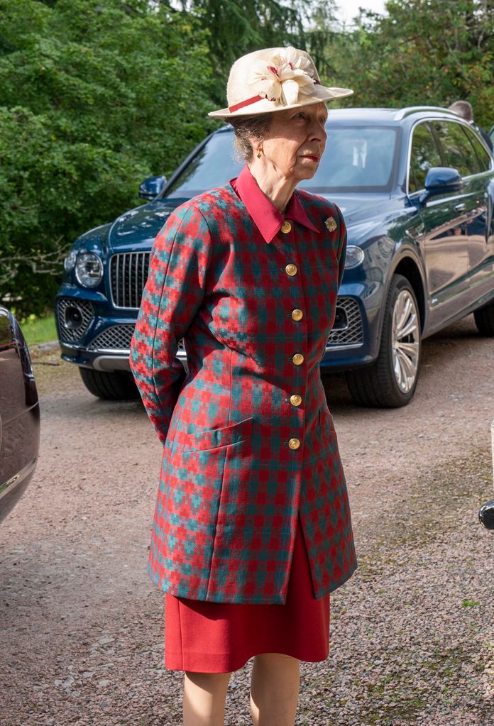 Princess Anne standing outside the service at Crathie Church, Balmoral on September 3, 2023