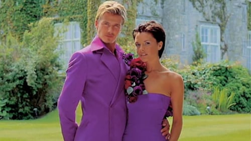 David and Victoria Beckham in matching purple Antonio Berardi outfits