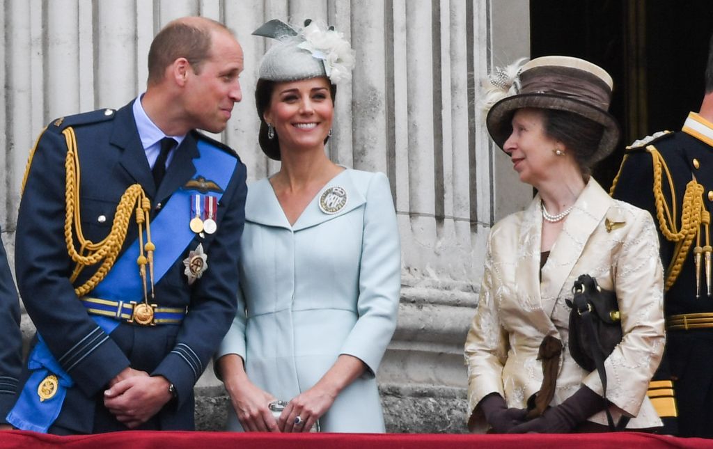 Anne speaking with William and Kate on palace balcony