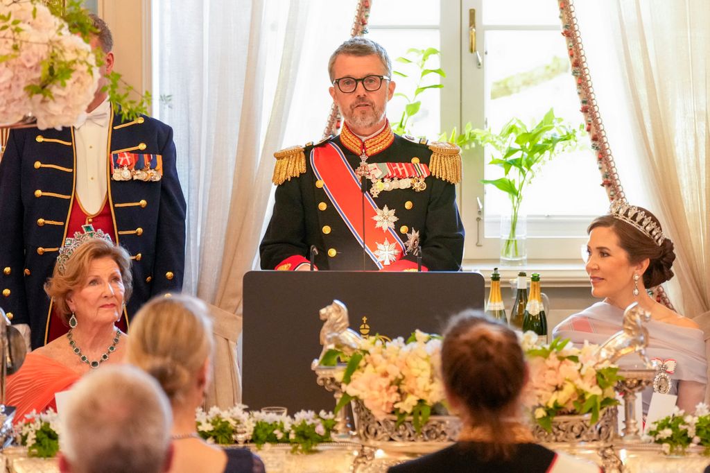 King Frederik X of Denmark (C) delivers a speech at a gala dinner at the The Royal Palace in Oslo 