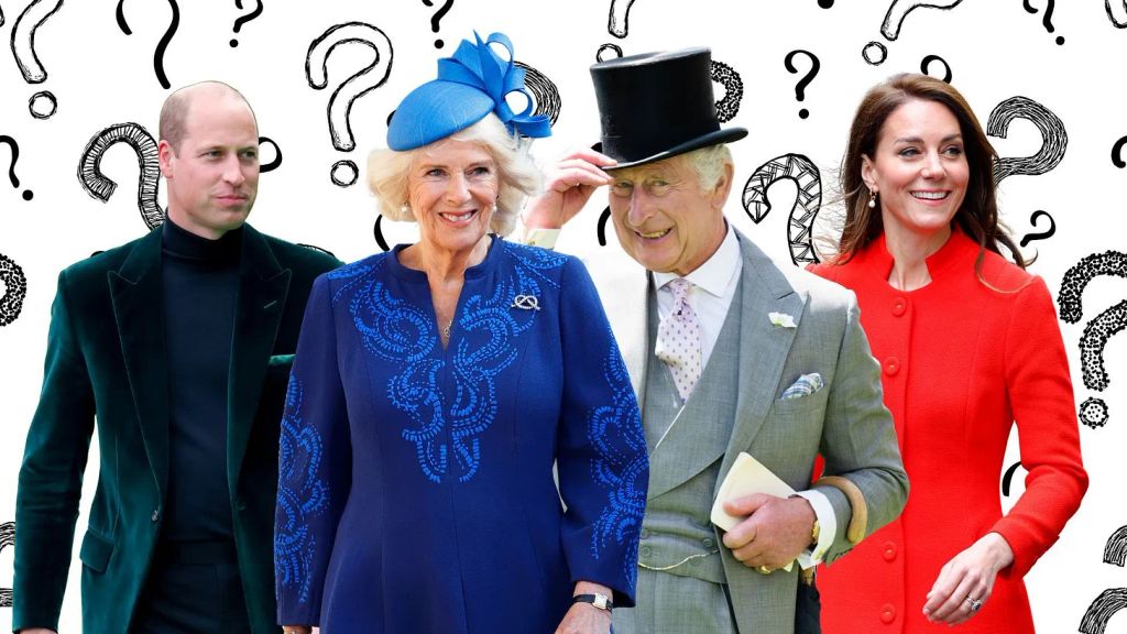 Prince William, Queen Camilla, King Charles and Princess Kate in the foreground of a designed image with backdrop of question marks