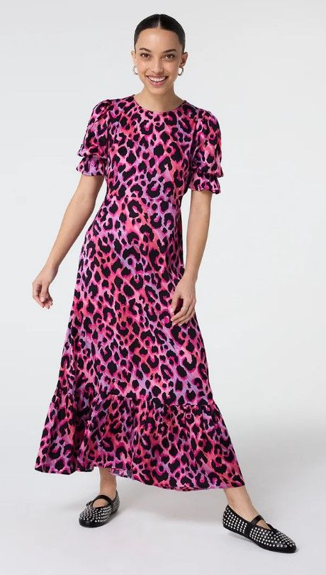 Pink and Lilac with Black Shadow Leopard Flute Sleeve Midi Dress from Scamp & Dude