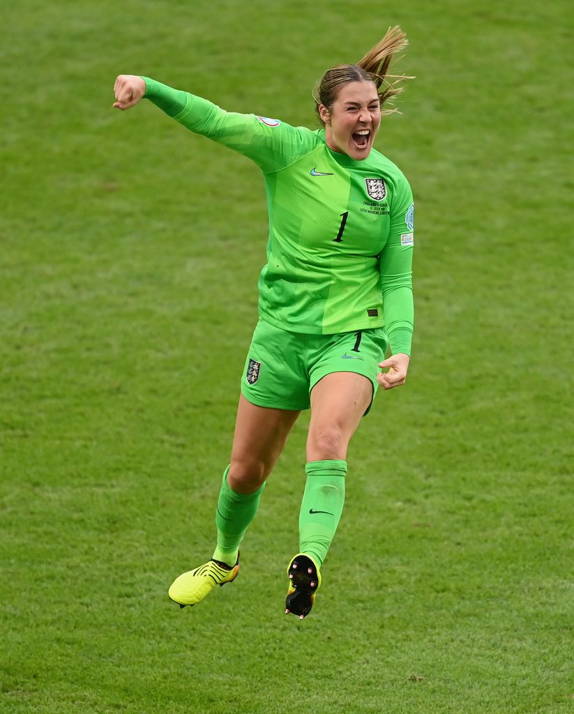 Mary Earps celebrates after the final whistle of the UEFA Women's Euro 2022 final match between England and Germany