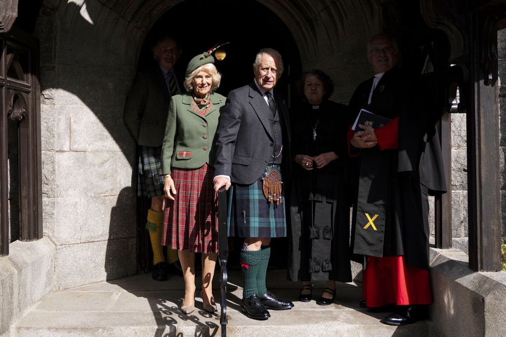 CRATHIE, ABERDEENSHIRE - SEPTEMBER 7: King Charles III and Queen Camilla arrive to attend a Sunday church service at Crathie Kirk, near Balmoral on September 7, 2025 in Crathie, Aberdeenshire. (Photo by Aaron Chown - Pool / Getty Images)