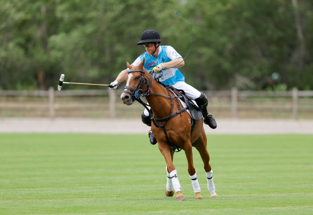 Prince Harry, Duke of Sussex plays polo during the Sentebale ISPS Handa Polo Cup 2022