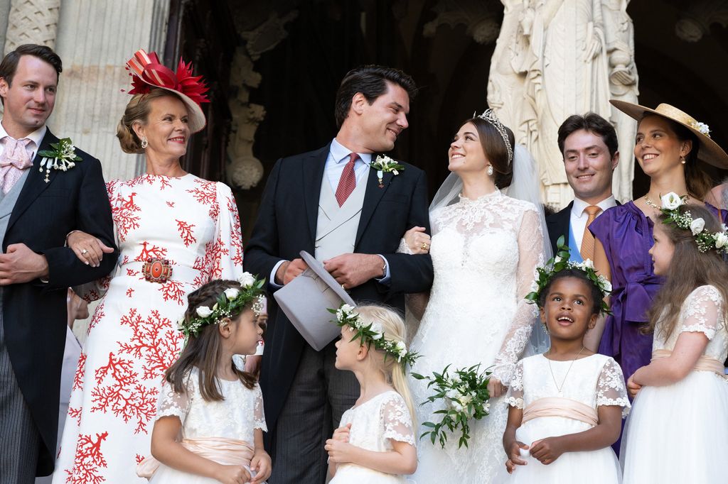  Prince Amaury of Bourbon-Parma and Pélagie de Mac Mahon with their guests after their religious ceremony in July 2023