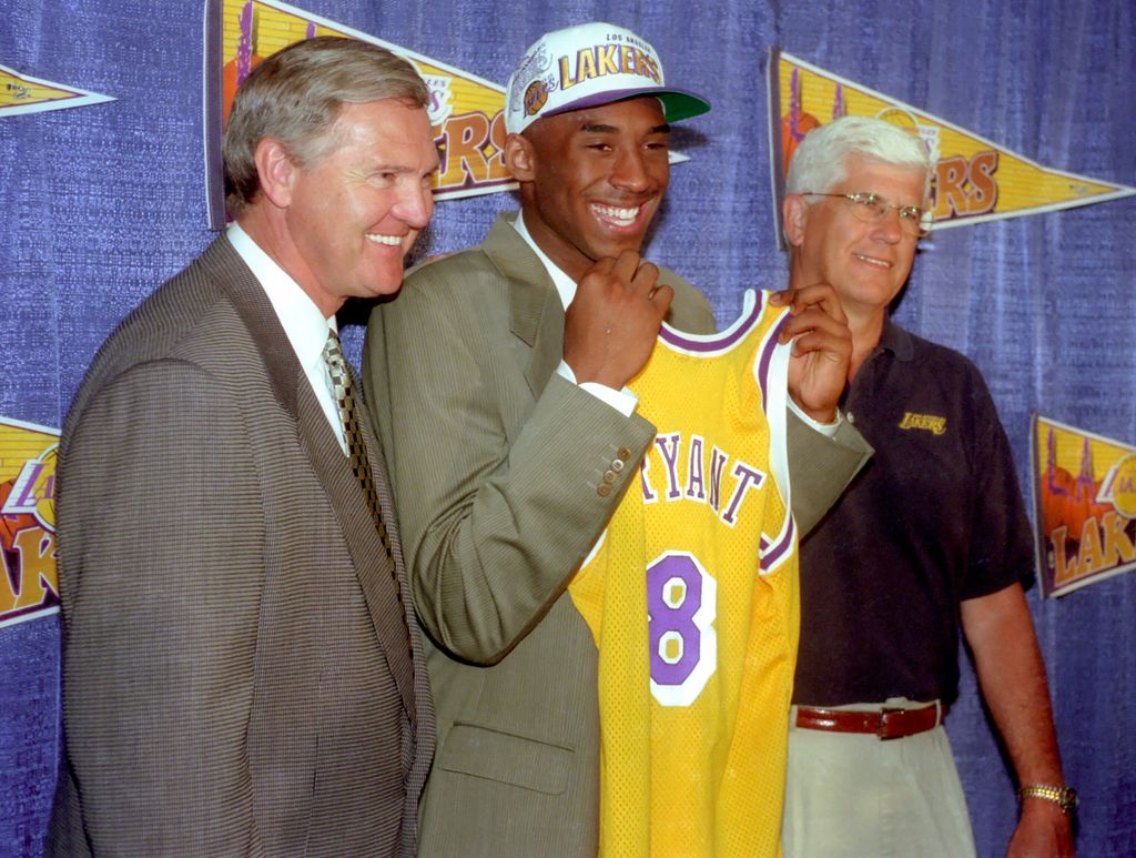 Jerry West, GM, Kobe Bryant and Head Coach Del Harris in 1996