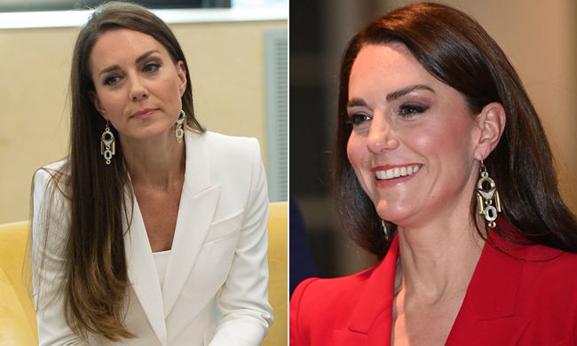 two photos of kate wearing the same green gold and wooden earrings