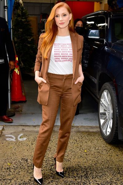 Jessica Chastain wearing Mahsa Amini t shirt in NYC