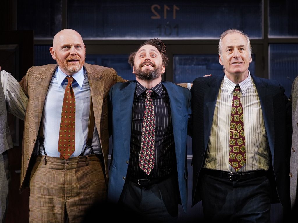 Bill Burr, Kieran Culkin and Bob Odenkirk perform during the "Glengarry Glen Ross" Broadway opening night at Palace Theatre on March 31, 2025 in New York City