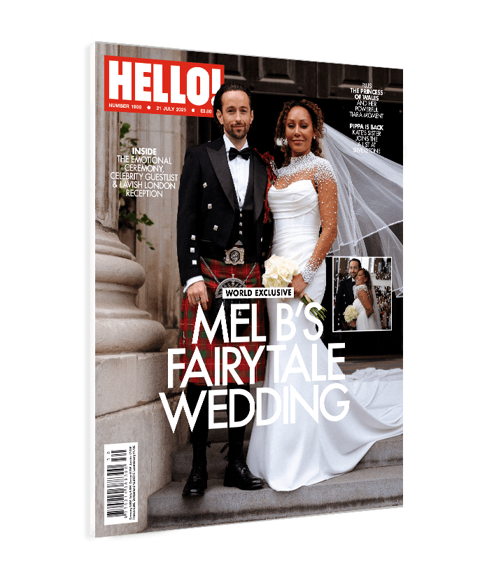 Cover of HELLO! magazine featuring Mel B and her husband on their wedding day. Mel B is wearing a glamorous white wedding gown with sheer, crystal-embellished sleeves and a long veil, holding a white bouquet.