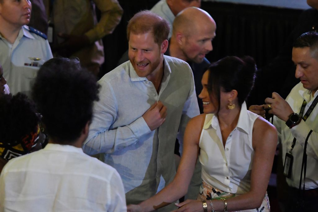 Prince Harry, Duke of Sussex, and Meghan, Duchess of Sussex are seen at the Afro Women and Power Forum at the Municipal Theater of Cali during a visit around Colombia on August 18, 2024 in Cali, Colombia.