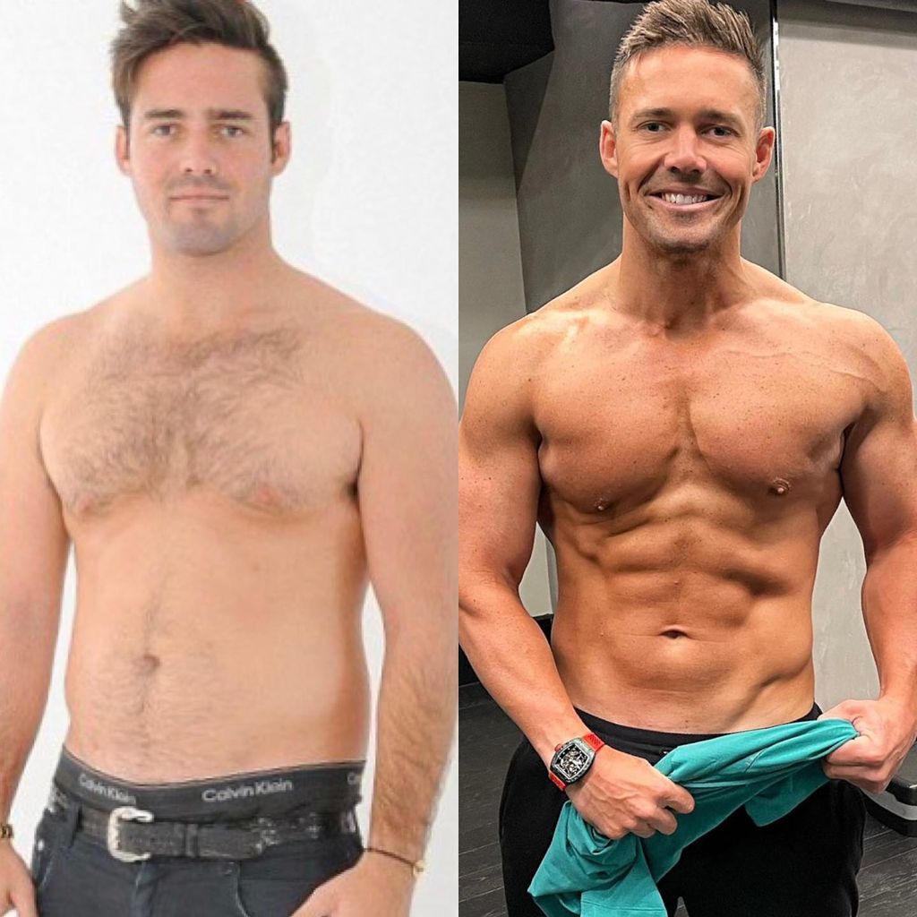 Before and after: Spencer pictured during his Made in Chelsea binge-drinking days (left) and in his new fitness buff, doting dad era (right)
