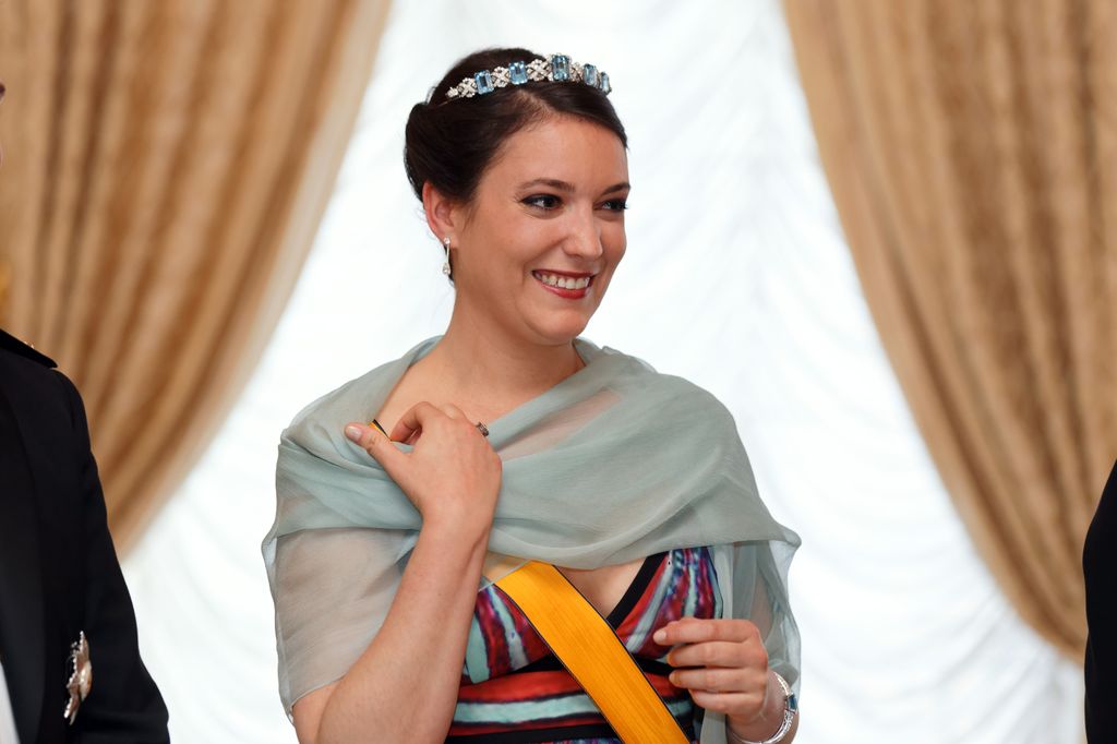 Princess Alexandra in a tiara and multicoloured dress