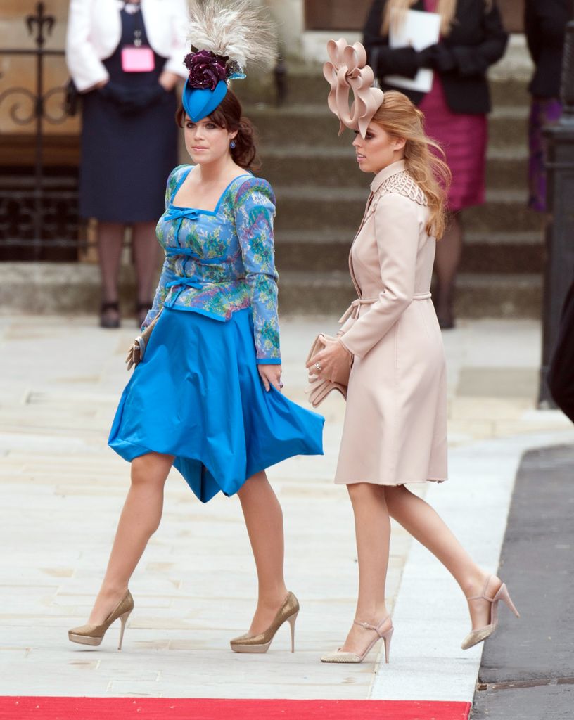Princess Beatrice and Princess Eugenie arriving at Westminster Abbey - Eugenie is wearing a Westwood design