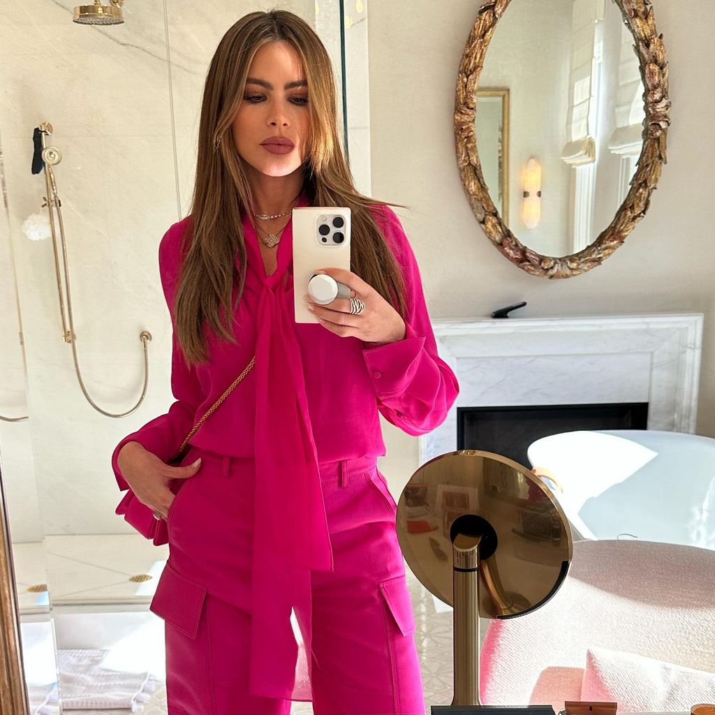 sofia vergara pink suit mirror selfie bathroom at home