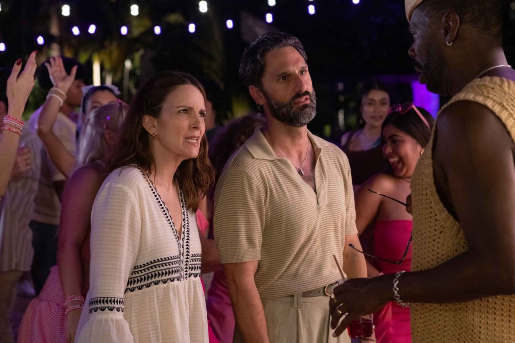 Tina Fey in The Four Seasons with Claude at party