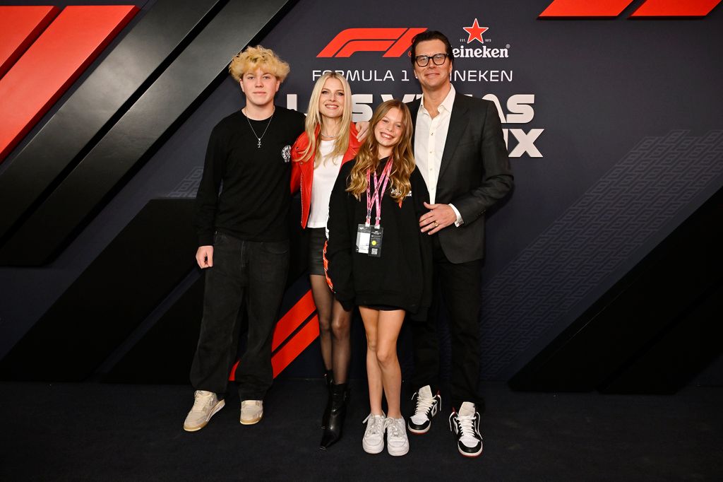 Theodore MacArthur, Ali Larter, Vivienne MacArthur and Hayes MacArthur attend the F1 Las Vegas Grand Prix on November 22, 2025