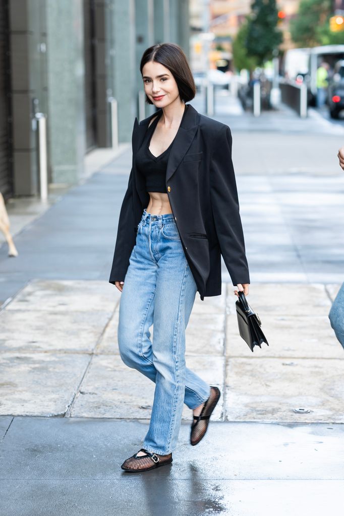 Lily Collins wearing Alaïa flats