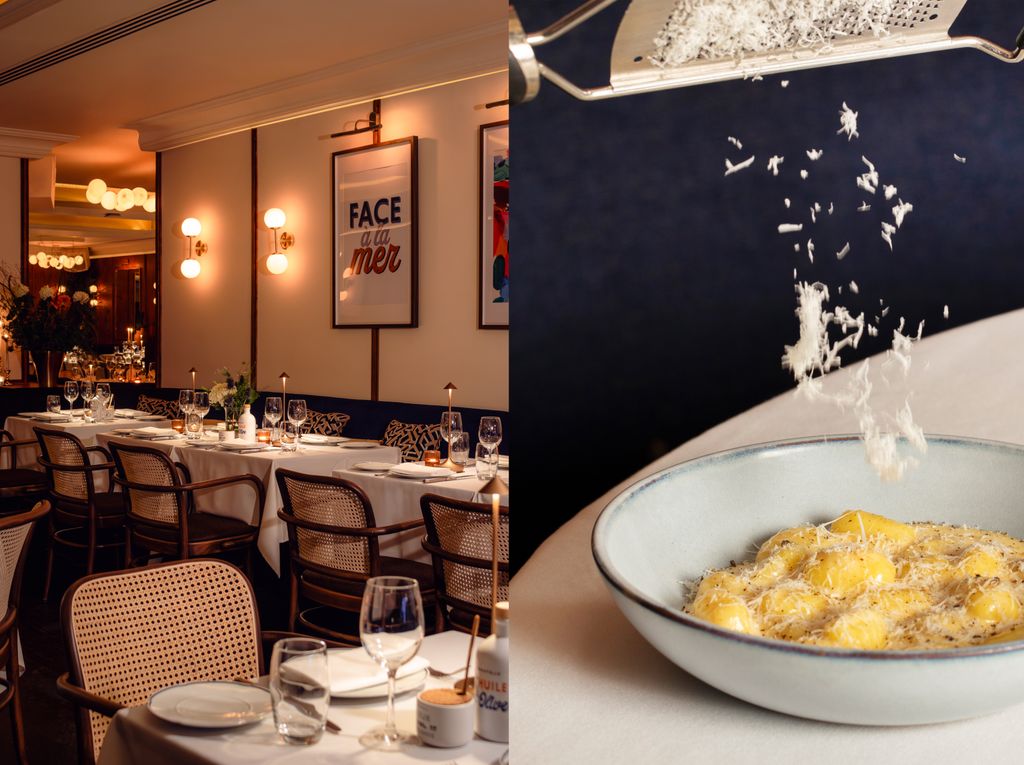 photo inside restaurant beside photo of cheese being grated on pasta dish