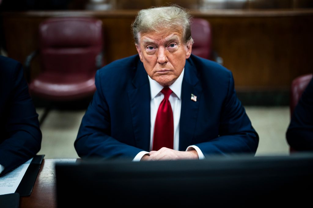 Former U.S. President Donald Trump appears ahead of the start of jury selection at Manhattan Criminal Court on April 15, 2024 in New York City. Former President Donald Trump faces 34 felony counts of falsifying business records in the first of his criminal cases to go to trial