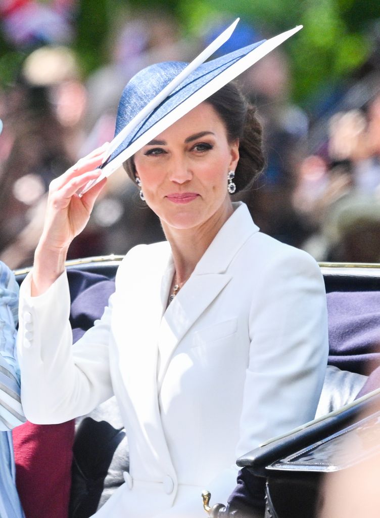 Camilla, Duchess of Cornwall  travels by carriage at Trooping the Colour on June 02, 2022 in London, England.Trooping The Colour, also known as The Queen's Birthday Parade, is a military ceremony performed by regiments of the British Army that has taken place since the mid-17th century. It marks the official birthday of the British Sovereign.