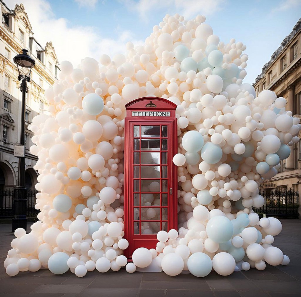 A London phone booth covered in balloons to promote the Balloon Museum